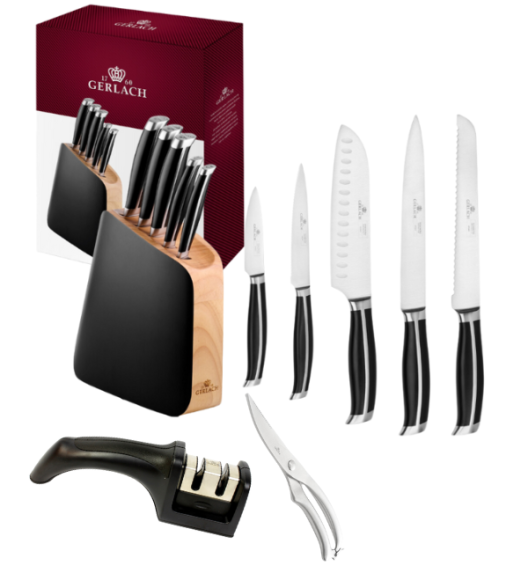 GERLACH LOFT Komplet 5 noży w bloku + ostrzałka 2w1 + nożyce do drobiu