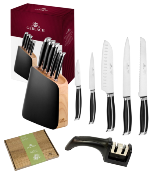 GERLACH LOFT Komplet 5 noży w bloku + ostrzałka 2w1 + deska dębowa