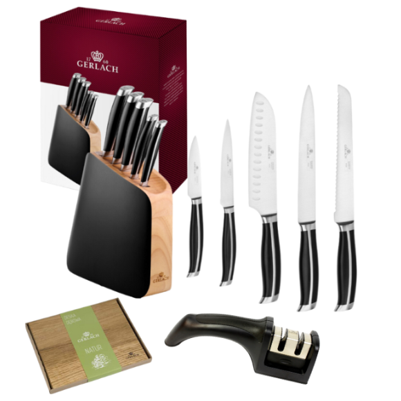 GERLACH LOFT Komplet 5 noży w bloku + ostrzałka 2w1 + deska dębowa