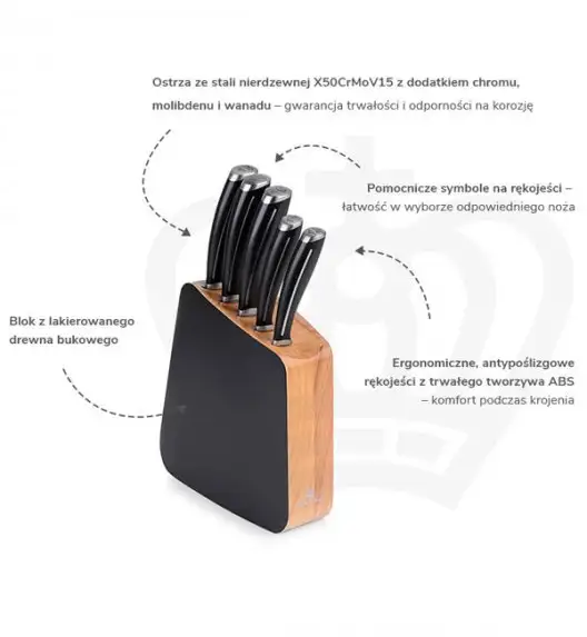 GERLACH LOFT Komplet 5 noży w bloku + ostrzałka 2w1 + deska dębowa