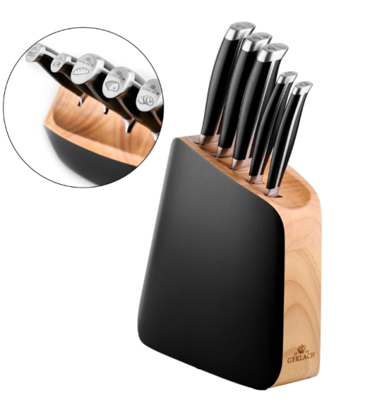 GERLACH LOFT Komplet 5 noży w bloku + ostrzałka 2w1 + deska dębowa