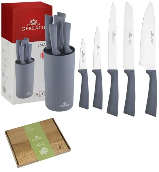 GERLACH SMART GREY Komplet 5 noży w bloku + deska dębowa