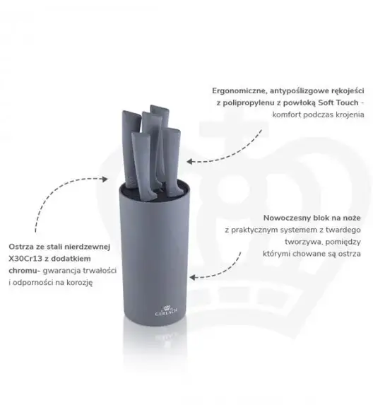 GERLACH SMART GREY Komplet 5 noży w bloku + ostrzałka 2w1 