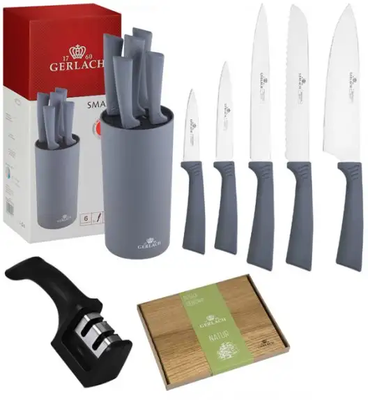 GERLACH SMART GREY Komplet 5 noży w bloku + ostrzałka 2w1 + deska dębowa