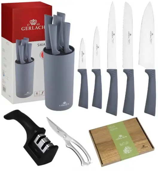 GERLACH SMART GREY Komplet 5 noży w bloku + ostrzałka 2w1 + nożyce do drobiu + deska
