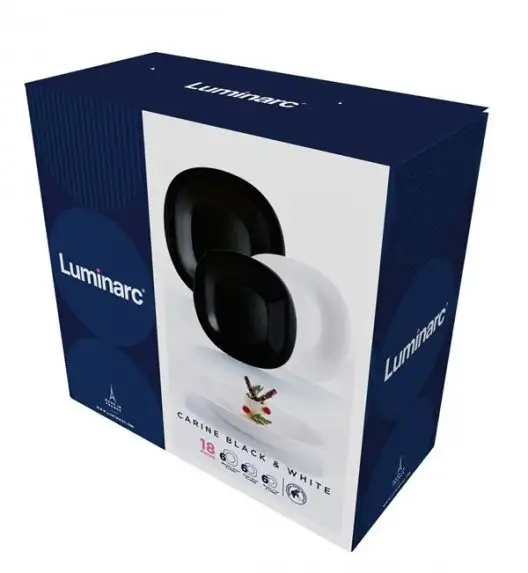 LUMINARC CARINE NEO WHITE&BLACK Komplet obiadowy 18 el dla 6 os / Szkło hartowane