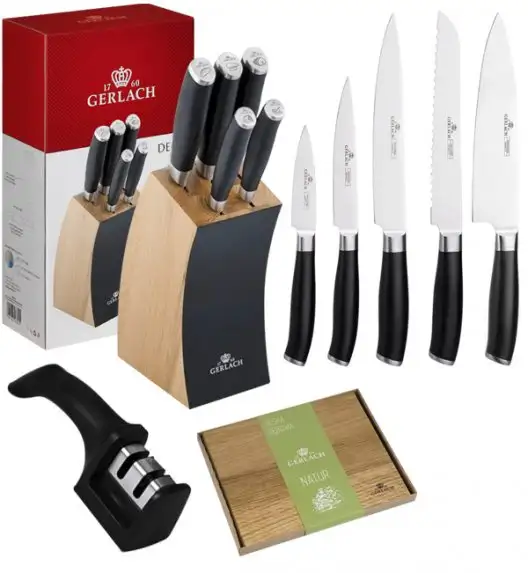 ​GERLACH DECO BLACK Komplet 5 noży w bloku + ostrzałka 2w1 + deska dębowa