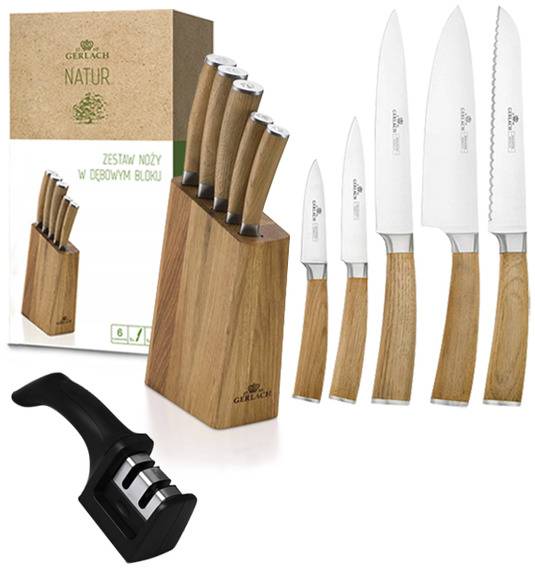 GERLACH NATUR Komplet 5 noży w bloku + ostrzałka 2w1 