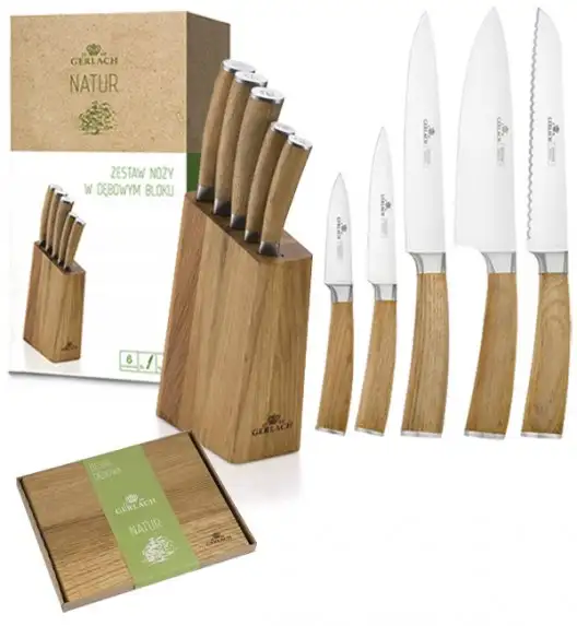 GERLACH NATUR Komplet 5 noży w bloku + deska dębowa