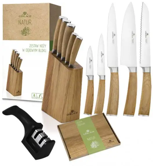 GERLACH NATUR Komplet 5 noży w bloku + ostrzałka 2w1 + deska dębowa