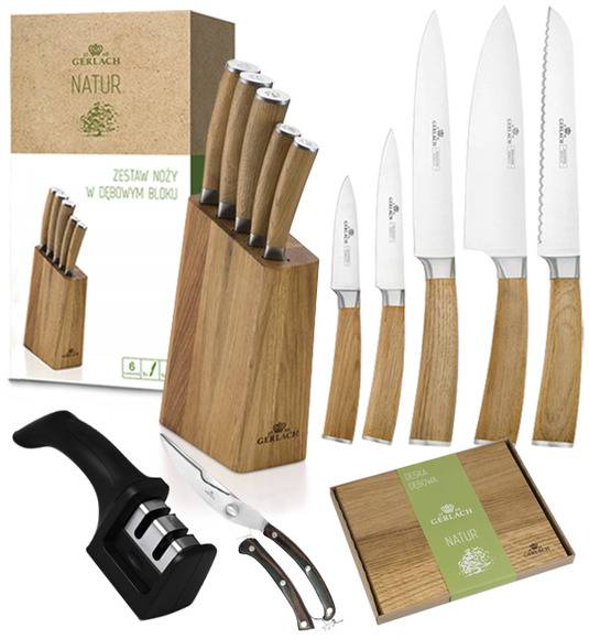 GERLACH NATUR Komplet 5 noży w bloku + ostrzałka 2w1 + nożyce do drobiu + deska