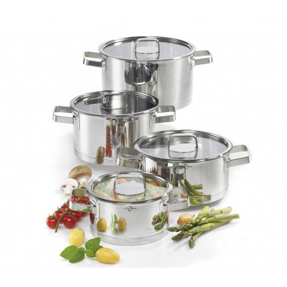 KUCHENPROFI Zestaw 4 stalowych garnków ze szklanymi pokrywkami SAN REMO 8 el / stal nierdzewna / FreeForm 