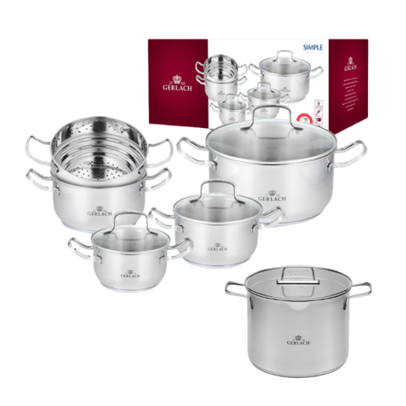 GERLACH SIMPLE Komplet Garnki z pokrywkami 9 el + garnek Ambiente 7l