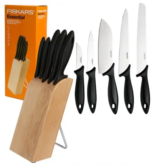 FISKARS ESSENTIAL Noże kuchenne 5 noży w bloku drewnianym / 1023782