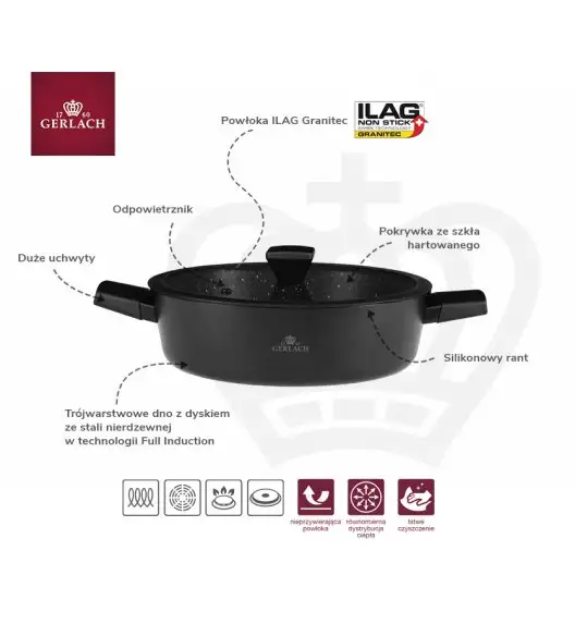 GERLACH GRANITEX Garnek 4,4 L z pokrywką 28 cm / 2 elementy / powłoka ILAG ILAG XERADUR 2 / indukcja