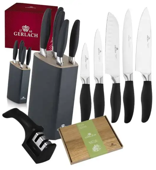 GERLACH STYLE PLUS Komplet 5 noży w bloku + ostrzałka 2w1 + deska dębowa