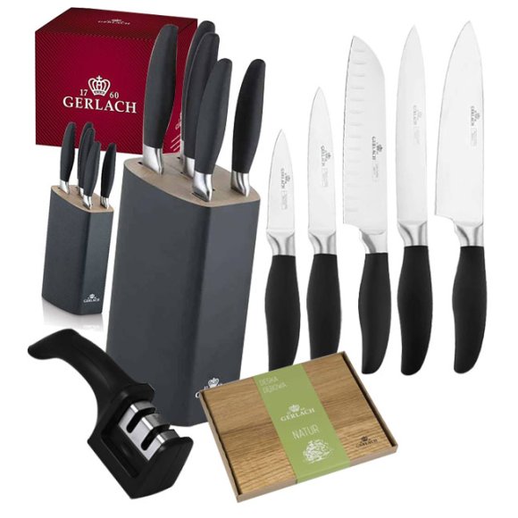 GERLACH STYLE PLUS Komplet 5 noży w bloku + ostrzałka 2w1 + deska dębowa