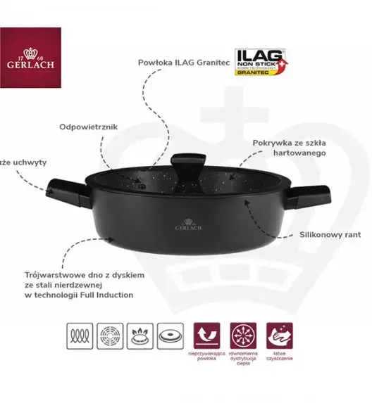 GERLACH GRANITEX Komplet garnków 24 + 28 cm z pokrywką 4,4 l + brytfanna 32 cm + patelnia 20, 28 cm / powłoka ILAG Granitec®  / indukcja
