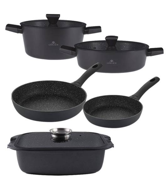 GERLACH GRANITEX Komplet garnków 24 + 28 cm z pokrywką 4,4 l + brytfanna 32 cm + patelnia 20, 28 cm / powłoka ILAG Granitec®  / indukcja
