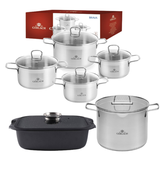 GERLACH BRAVA Komplet Garnki z pokrywkami 8 el + Garnek 7L Gerlach Ambiente + brytfanna 32 cm z pokrywką Gerlach Granitex / powłoka ILAG XERA DUR 2