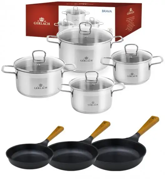 GERLACH BRAVA Komplet Garnki z pokrywkami 8 el + patelnie Gerlach Natur Evo 28, 24., 20 cm