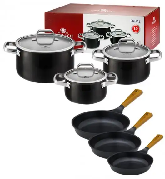 GERLACH PRIME Komplet Garnki z pokrywkami 6 el + patelnie Gerlach Natur 20, 24, 28 cm