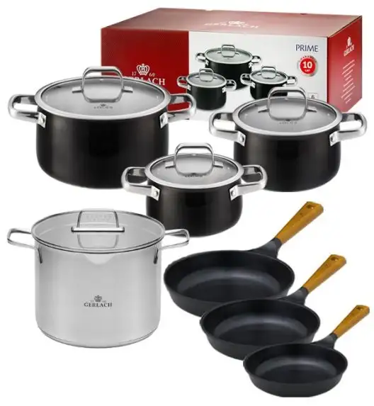 GERLACH PRIME Komplet Garnki z pokrywkami 6 el + Garnek 7 l Gerlach Ambiente + patelnie Gerlach Natur 20, 24, 28 cm