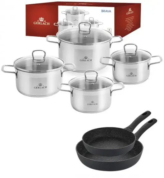 GERLACH BRAVA Komplet Garnki z pokrywkami 8 el + patelnie Gerlach Granitex 20, 28 cm 