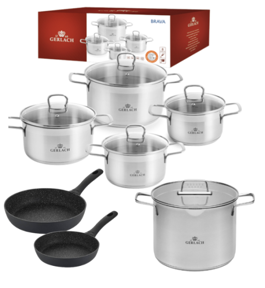 GERLACH BRAVA Komplet Garnki z pokrywkami 8 el + Garnek 7 l + patelnie Gerlach Granitex 20, 28 cm 