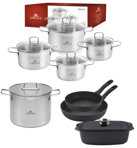 GERLACH BRAVA Komplet Garnki z pokrywkami 8 el + Garnek 7 l + patelnie Gerlach Granitex 28, 20 cm + Brytfanna Granitex
