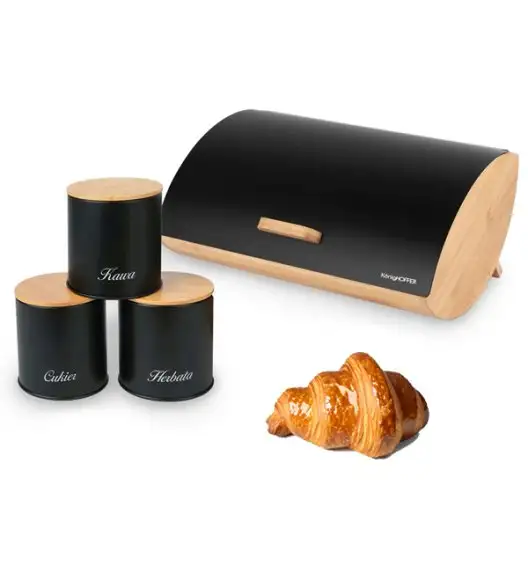 KÖNIGHOFFER COSMIC Chlebak z otwieraną pokrywą 35 cm + 3 pojemniki do przechowywania / czarne / drewno bambusowe