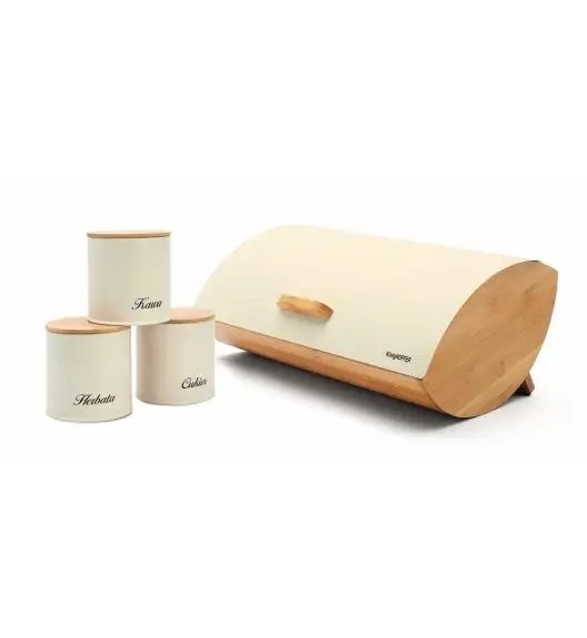 KÖNIGHOFFER COSMIC Chlebak z otwieraną pokrywą 35 cm + 3 pojemniki do przechowywania / kremowe / drewno bambusowe