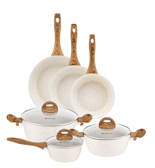 AMBITION NATURE Komplet garnków z pokrywkami 6 el + patelnie Nature 20, 24, 28 cm