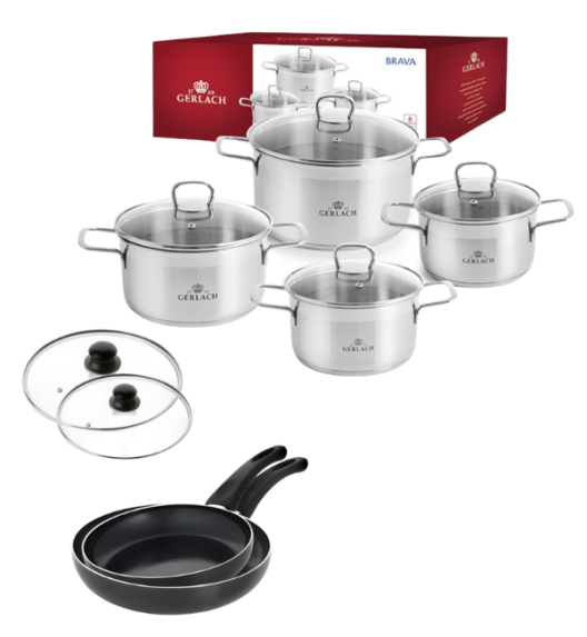GERLACH BRAVA Komplet Garnki z pokrywkami 8 el + patelnie Gerlach Initial 24, 28 cm + pokrywki