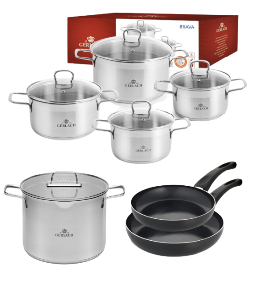 GERLACH BRAVA Komplet Garnki z pokrywkami 8 el + patelnie Gerlach Initial 24, 28 cm + Gerlach Ambiente Garnek 7 L