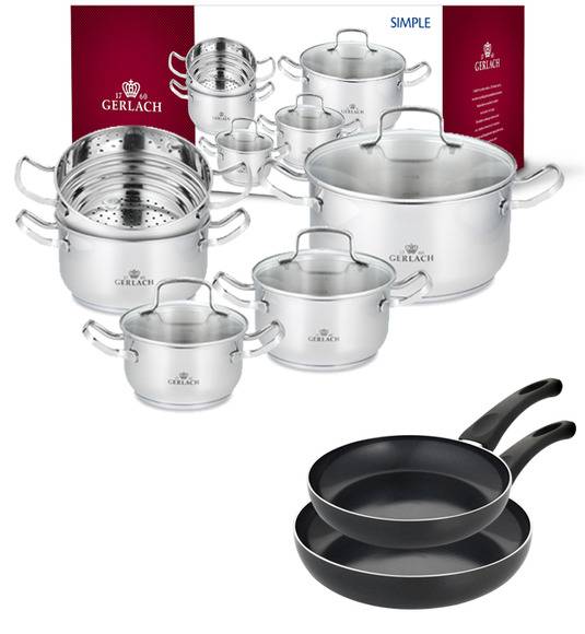 GERLACH SIMPLE Komplet Garnki z pokrywkami 9 el + patelnie Gerlach Initial 24, 28 cm
