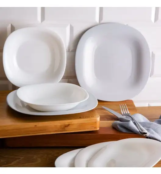 LUMINARC CARINE Serwis obiadowy dla 6 osób / 18 elementów / szkło hartowane / biało-szara