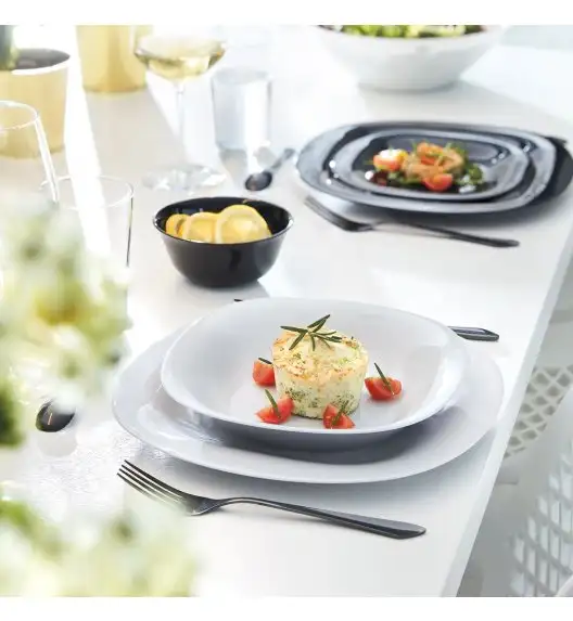 LUMINARC CARINE Serwis obiadowy dla 6 osób / 18 elementów / szkło hartowane / biało-szara