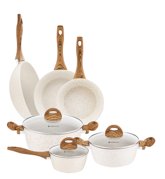 AMBITION NATURE Komplet garnków z pokrywkami 6 el + patelnie Nature 20, 24 cm + Wok 26 cm