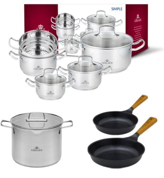 GERLACH SIMPLE Komplet Garnki z pokrywkami 9 el + Garnek Ambiente 7 L + Patelnie Natur 20, 28 cm 
