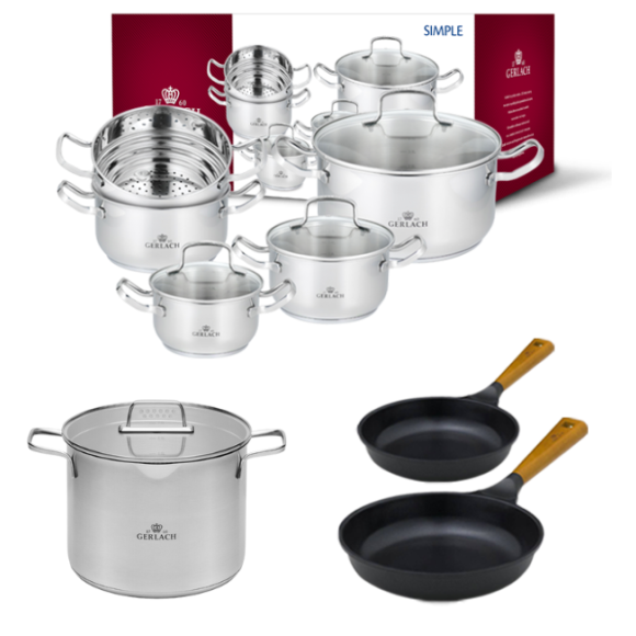 GERLACH SIMPLE Komplet Garnki z pokrywkami 9 el + Garnek Ambiente 7 L + Patelnie Natur 20, 28 cm 