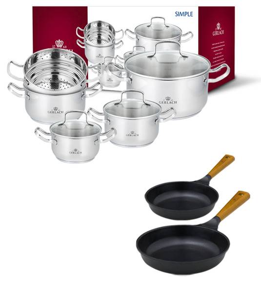 GERLACH SIMPLE Komplet Garnki z pokrywkami 9 el + patelnie Natur 20, 28 cm 