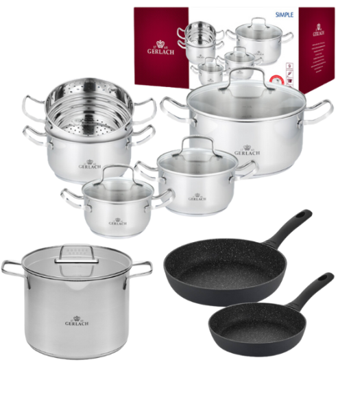GERLACH SIMPLE Komplet Garnki z pokrywkami 9 el + Gerlach Ambiente Garnek 7 L + patelnie Granitex 20, 28 cm 