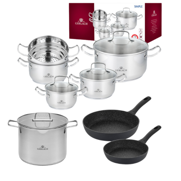 GERLACH SIMPLE Komplet Garnki z pokrywkami 9 el + Gerlach Ambiente Garnek 7 L + patelnie Granitex 20, 28 cm 