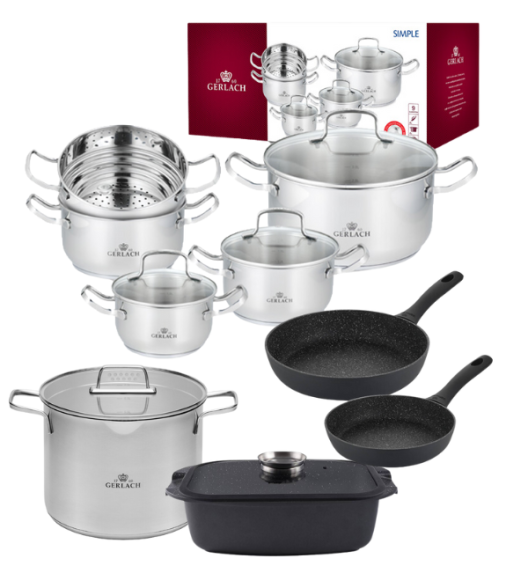 GERLACH SIMPLE Komplet Garnki z pokrywkami 9 el + Garnek Ambiente 7 L + patelnie Granitex 20, 28 cm + Granitex Brytfanna 32 cm 