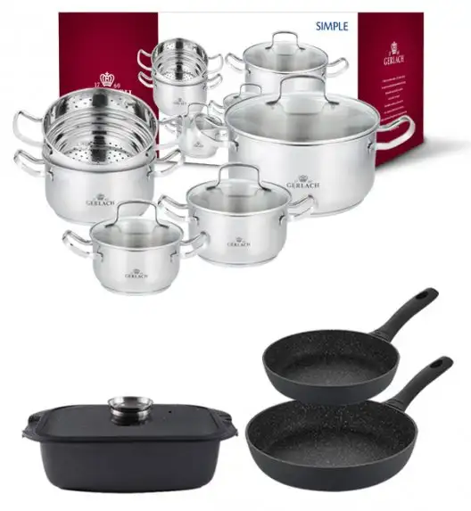 GERLACH SIMPLE Komplet Garnki z pokrywkami 9 el + patelnie Granitex 20, 28 cm + Granitex Brytfanna 32 cm 
