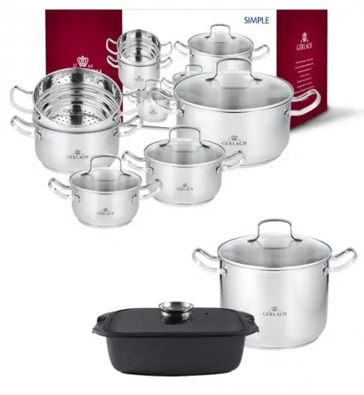 GERLACH SIMPLE Komplet Garnki z pokrywkami 9 el + Garnek Simple 7 L + Brytfanna Granitex 32 cm 