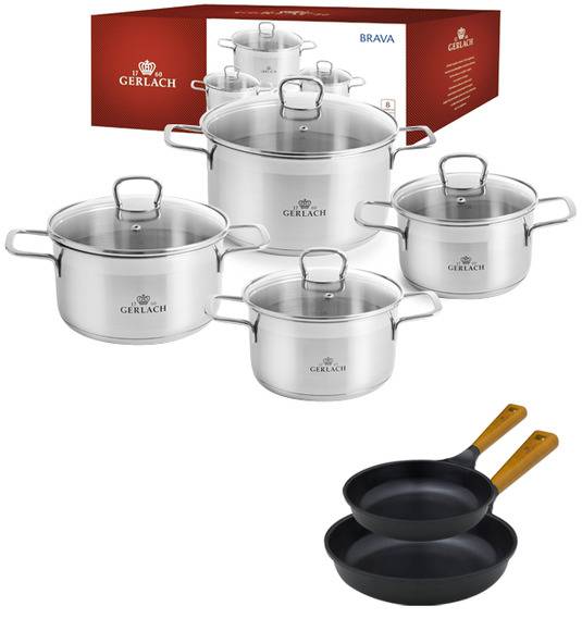 GERLACH BRAVA Komplet Garnki z pokrywkami 8 el + patelnie Gerlach Natur Evo 20, 28 cm 