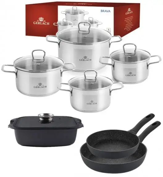 GERLACH BRAVA Komplet Garnki z pokrywkami 8 el + patelnie Gerlach Granitex 20, 28 cm  + Brytfanna Granitex 32 cm