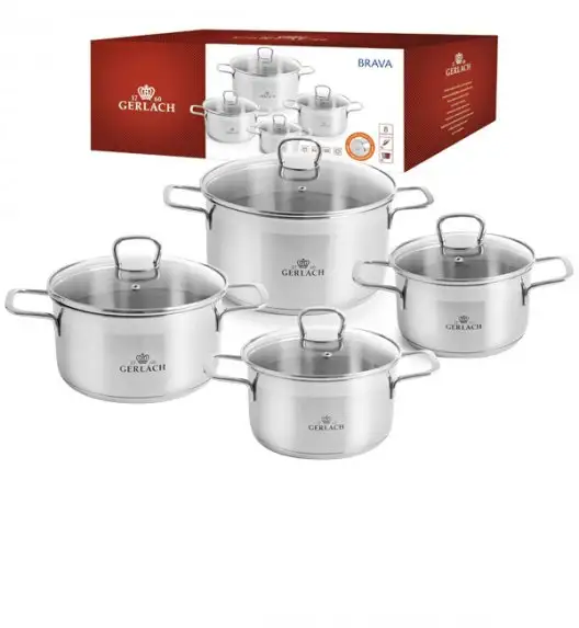 GERLACH BRAVA Komplet Garnki z pokrywkami 8 el + patelnie Gerlach Natur Evo 20, 24, 28 cm + pokrywki uniwersalne 20, 24, 28 cm